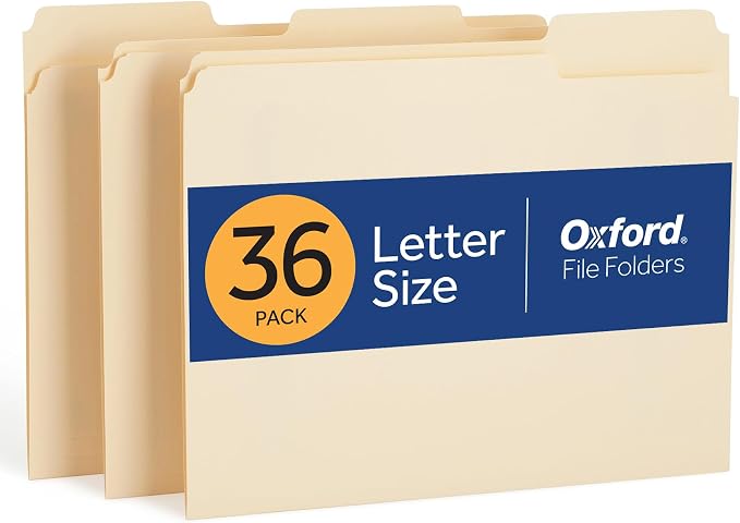 Oxford File Folders, 36 Pack, Letter Size (8.5" x 11"), 3 Tabs, Durable Manila Paper, for School, Office & Home Document Organization