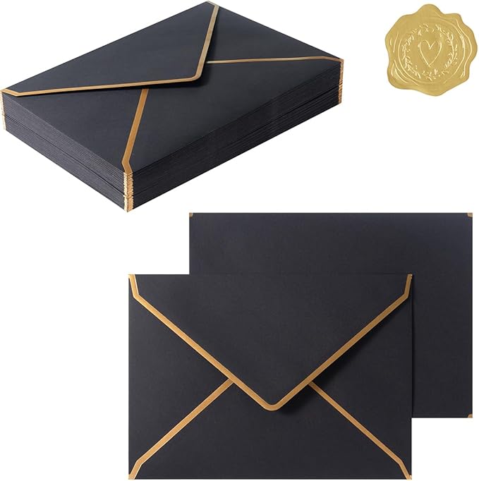 50 Pieces Black A4 Envelopes with Gold Border, 4.25x6.25 Inches Envelopes with Gold Stickers for Greeting Cards and Invitation (Black, A4-4x6)