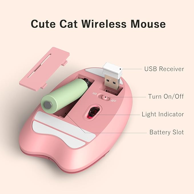 Wireless Compact Silent Mouse with Cute Cat Designs, 2.4GHz Plug and Play Wireless Opatical Mouse with USB Nano Receiver for Laptop/PC/Computer (Pink Cat)