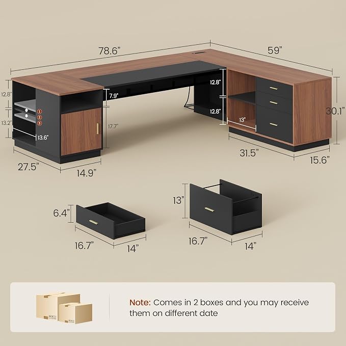 78.7" L Shaped Executive Desk with Lateral File Cabinet, Extra Large Office Desk with Drawers & Power Outlets, Modern Corner Computer Desk with Storage Shelves, Business Furniture, Walnut