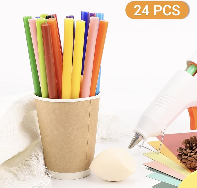 Manarty Color Hot Glue Sticks Full Size, 8" Long x 0.43" Dia Hot Melt Glue Sticks Bulk, Colored Adhesive Glue Sticks Standard for Crafting DIY Art School Gluing Project Repair Sealing, 24 PCS