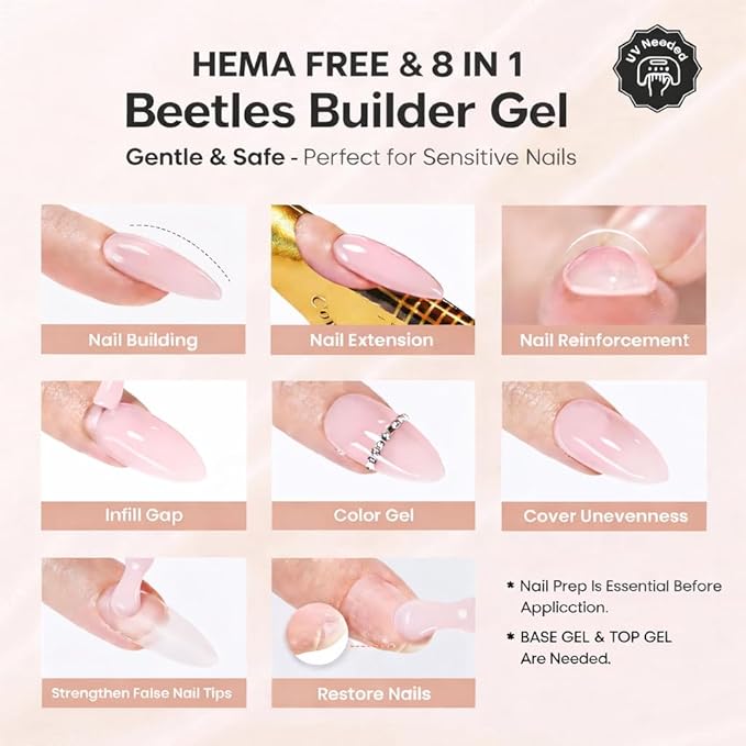 Beetles Builder Gel Nails Kit HEMA Free & Handheld Nail Lamp,8 in 1 Clear Natural Nude Building Gel with Base & Top Coat,for Nail Thickening Strengthening Building Apex for Beginner DIY Salon at Home