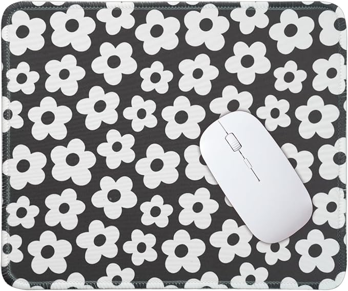 Mouse Pad for Desk with Stitched Edge, Premium Cute Washable Mouse Pads. Computer Mousepad with Non-Slip Rubber Base, Mousepads for Laptop, 9.25x7.75x0.12 inch (White Flowers)