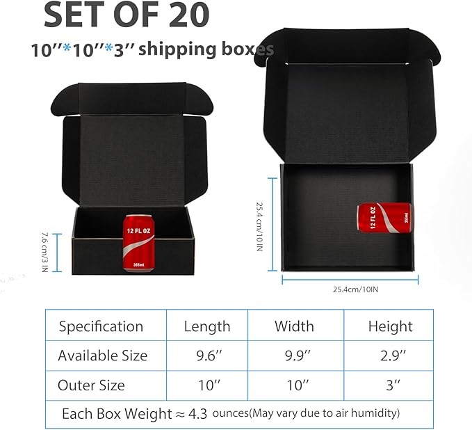 Small Shipping Boxes 10x10x3 Inches – Black Corrugated Cardboard Boxes (20-Pack) for Mailing, Packing, Small Business & Gift Packaging - Recyclable & Sturdy