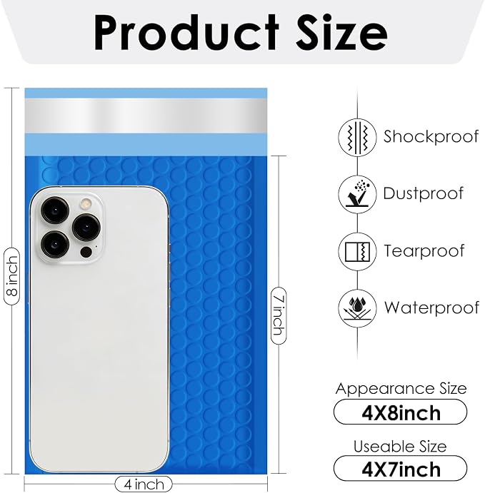 packbabol Bubble Mailers 4x8" 50 Pack Blue Padded Envelopes Waterproof Usable Size 4x7 Self-Seal Padded Mailing Envelopes Bubble Opaque Padded Mailer for Small Businesses， Envelope Mailers#000