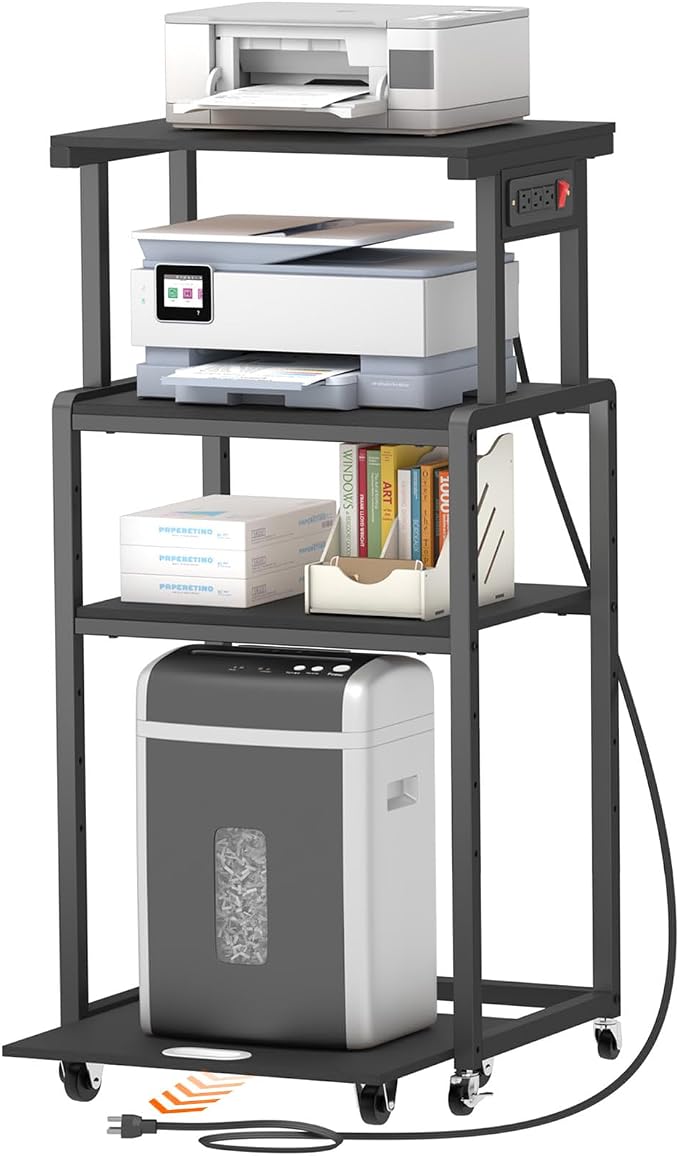 Lifewit 4 Tier Printer Stand with Power & Wheels, Office Cart, Black | Rolling cart with wheels and adjustable shelf, for shredder scanner fax, home office storage, holds 340 lbs heavy duty