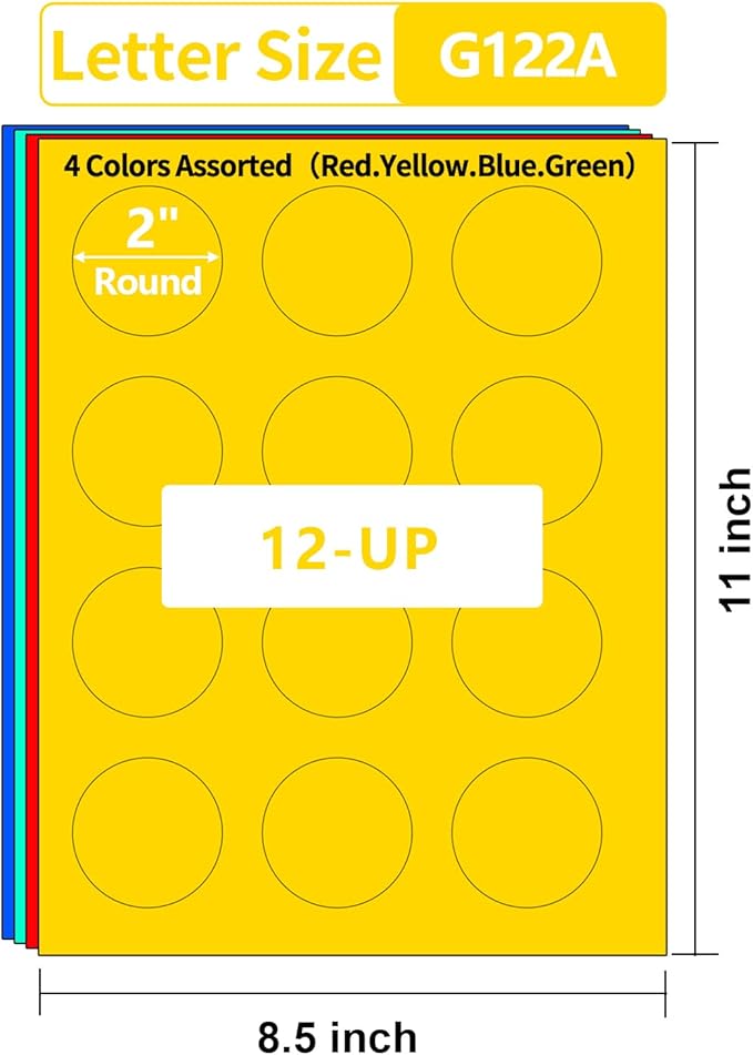 2 Inch Colored Round Labels Printable,Neon Circle Labels for Inkjet & Laser Printer,4 Fluorescent Colors Assorted,2" Diameter Colorful Custom Round Stickers,240 Stickers in Total