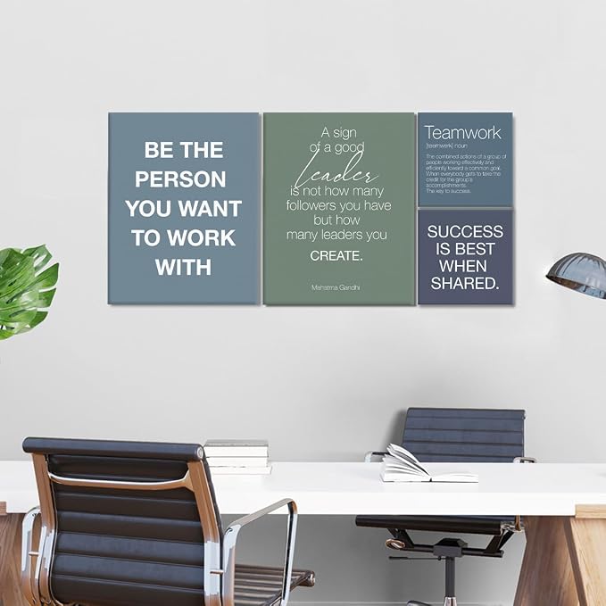 YEOION Inspirational Office Wall Art for Women,Motivational Teamwork Wall Decor for Office,Light Bule and Green Postive Quote Workplace Canvas Wall Art for Set of 6