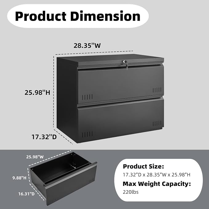 Approgreent 2 Drawer File Cabinet, File Cabinets for Home Office, Printer Stand, File Cabinet with Lock, Lateral Filing Cabinet for A4/Letter/Legal Size File Folders, Assembly Required(Black)