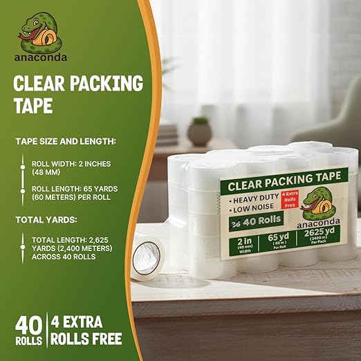 40 Rolls Clear Packing Tape Refills - Heavy Duty 2” X 65 Yards Bulk Value Pack (More Than Standard 36-Roll Packs) for Shipping, Moving & Storage - Strong Hold Clear Packaging Tape for Moving Sealing