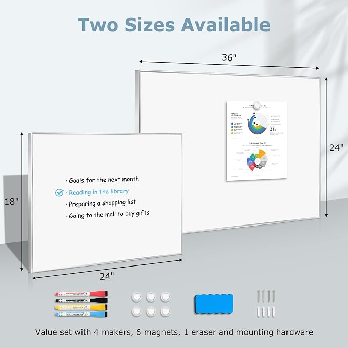 Magnetic Whiteboard, 24" x 18" Dry Erase White Board for Wall | Silver Aluminum Frame, Easy to Write and Erase, Wall Mounted, Presentation Board, for Home, Office, School, Kitchen