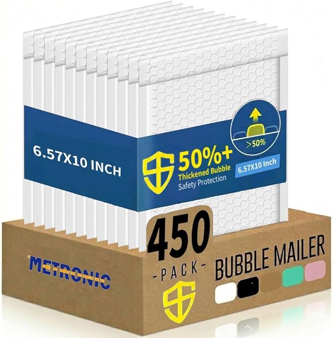Metronic Bubble Mailers 6.57x10" 450 Pack Padded Envelopes with 1/7" Thickened Bubble Waterproof Mailing Envelopes Usable Size 6.57x9" Shipping Bag for Fragile Products, 6x9 Item,Small Business, White
