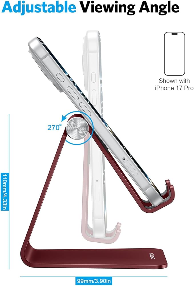 OMOTON C2 Adjustable Cell Phone Stand with Charging Cutout, Cherry Red | Sturdy 3mm Aluminum, Charging Port, 270° Adjustable, Non-Slip Silicone Pads, Works with Thick Cases, for All Smartphones