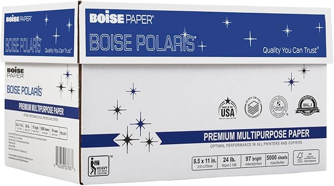 Boise Paper Premium Multipurpose Copy Paper | 8.5" x 11" Letter | 97 Bright White, 24 lb. | 10 Ream Carton (5,000 Sheets)