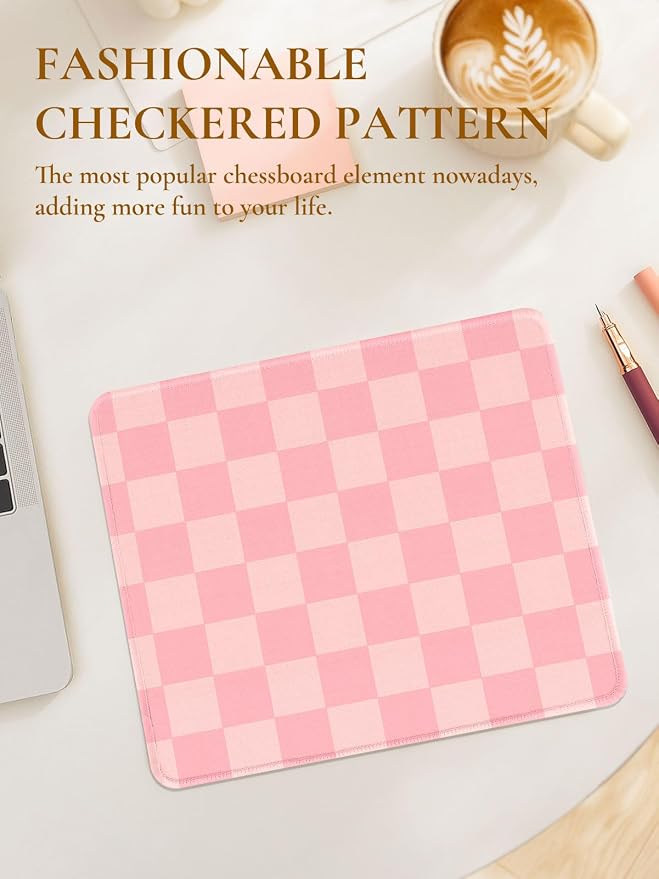 Cute Pink Mouse Pad,Retro Checkered Pattern Mousepad,Square Aesthetic Plaid Waterproof Grid Mouse Mat Design, Non-Slip Rubber Base Computer Funny Boho Small Mouse Pads, Desk Accessories