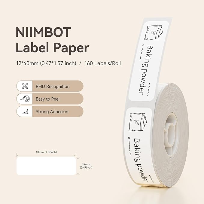 NIIMBOT D110 Label Maker Tape, 12x40mm (0.47"x1.57") 155Label/Roll, Waterproof Label for Home Office Oragnization, White