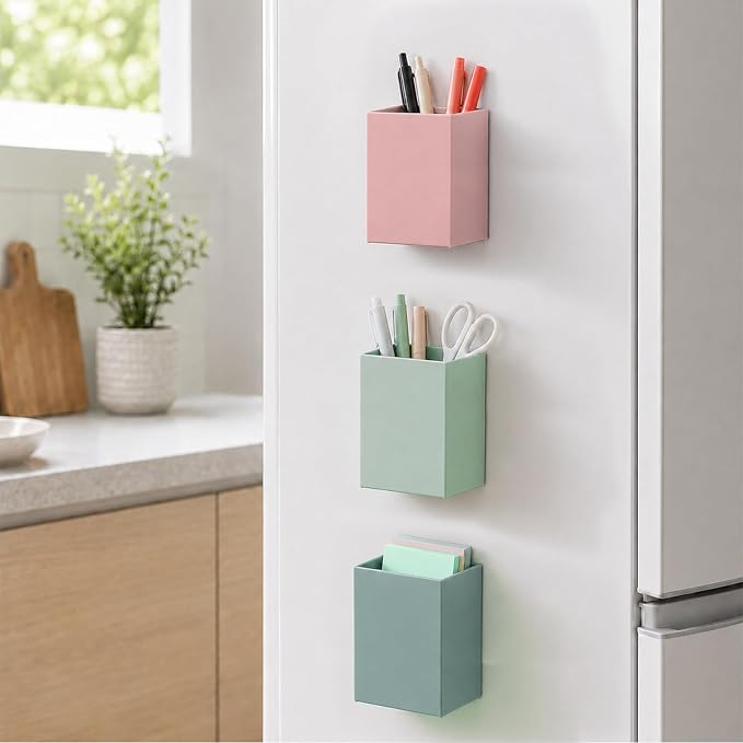 6 Pcs Classroom Magnetic Storage Boxes Magnetic Storage Containers Plastic Dry Erase Marker Holder Plastics Pen Holder for Refrigerator Whiteboard Home Office School Organizer Supply (Soft Neutral)