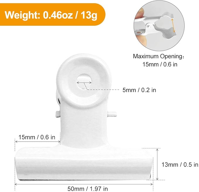 Coideal White Bulldog Paper Clips, 20 Pack 2 Inch Large Metal Binder Clips Round Hinge Clamps for Food Bags, Pictures Photos, Art Crafts, Office School (50 mm)
