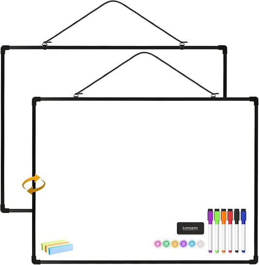 Dry Erase Board for Wall, 24" x 18" Double-Sided Hanging White Board with 6 Markers, 6 Magnets and 3 Mini Sticky Notes, Portable Whiteboard for Home, Office, School, Black Frame