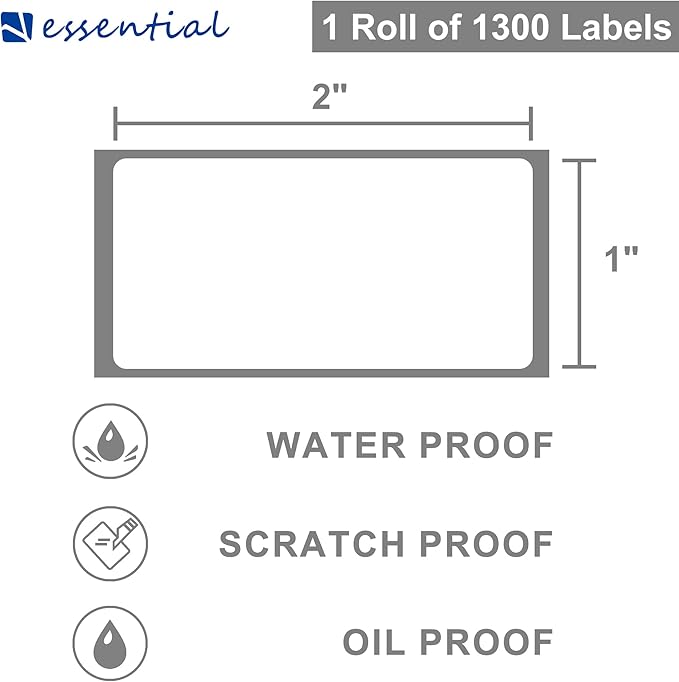 ESSENTIAL 2"x 1" Direct Thermal Barcode Labe, Shipping Labels, Compatible with Zebra & Rollo Label Printer, 1300 Per Roll (12 Rolls)