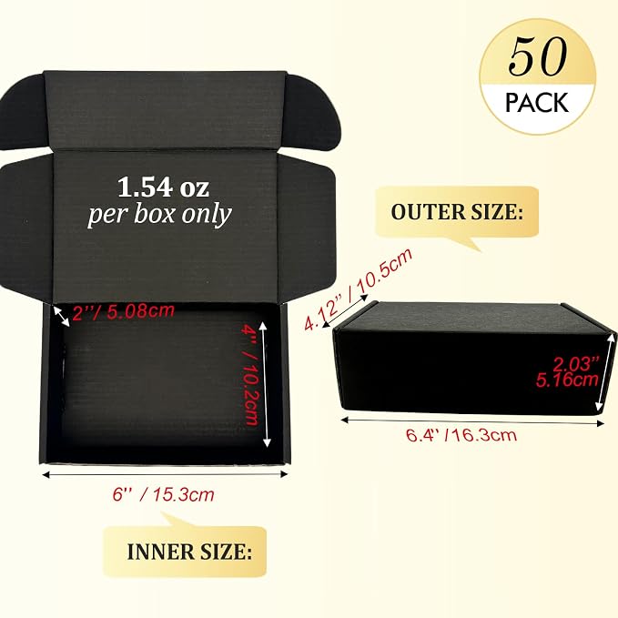 Small Shipping Boxes 6x4x2, Set of 50, Black Corrugated Cardboard Box Mailer (YD642-50BK)