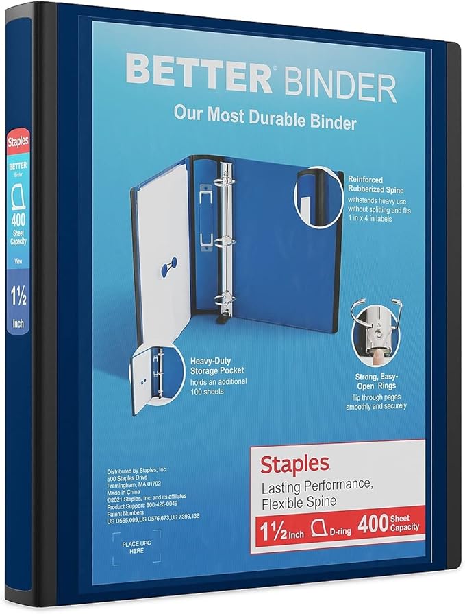 Staples Better View 1.5-Inch D-Ring Binder, Blue – Durable 3-Ring Binder with Clear Overlay for School & Office