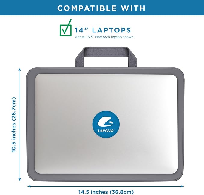 LAPGEAR Compact Lap Desk – Charcoal, Fits 14" Laptops | Microbead Cushion, Built-In Pencil Slot, Carry Handle, Fits Standard Letter-Size Paper (8.5" × 11")
