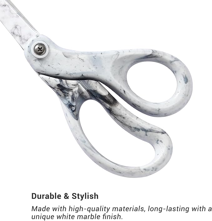 LIVINGO 8" Office Scissors Heavy Duty All Purpose Shears Marble White | Sharp Stainless Steel Blade, Soft Smooth Handle, Sewing Fabric Craft Paper Cutting, Home Office Supplies