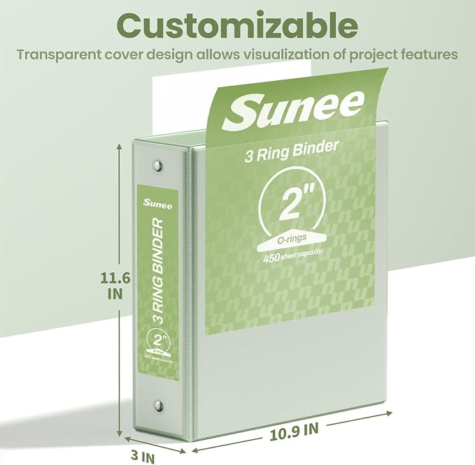 SUNEE 3 Ring Binder 2 Inch 2 Pack, Clear View Three Ring PVC-Free (Fit 8.5x11 Inches) for School or Office Supplies, Sage Green