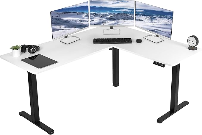 VIVO Corner Standing Desk, 63 x 55 inch Reversible L-Shaped Workstation, Electric Height Adjustment, Home, Office, and Reception Rooms, White Table Top Black Frame, DESK-E3CTBW