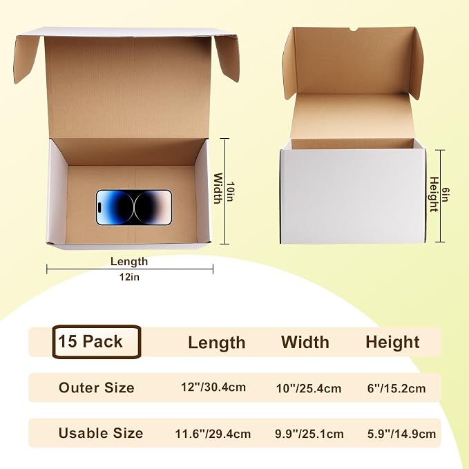 WIFTREY 12x10x6 Shipping Boxes set of 15, 12 x 10 x 6 White Corrugated Cardboard Boxes for Packaging Small Business, Moving, Mailing
