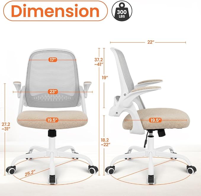 NEO CHAIR Office Computer Chair Ergonomic Mesh Back Flip-Up Arms, Beige | Lumbar Support, Smooth-Rolling Casters, Height Adjustable Seat, Comfortable Seating for Office, Study and Computer Work