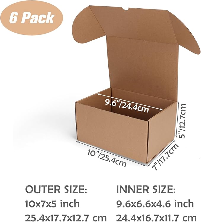 10x7x5 inch Shipping Boxes Set of 6 Brown, Inner Size 9.6x6.6x4.6 inch Cardboard Box Mailers for Small Business Packaging Mailing or Gift Wrapping Giving