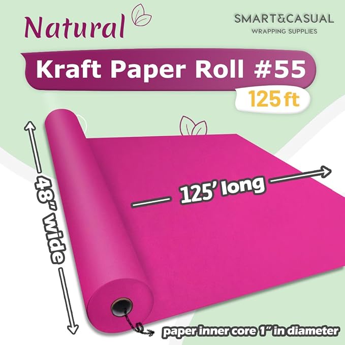 SMART&CASUAL 48" x 1,500" (125') Rose Red Kraft Craft Paper Roll for Gift Wrapping Bulletin Board Bouquet Flower Kids Art Packing Parcel Table Covering 80GSM 55LB (Rose Red, 48" x 125')