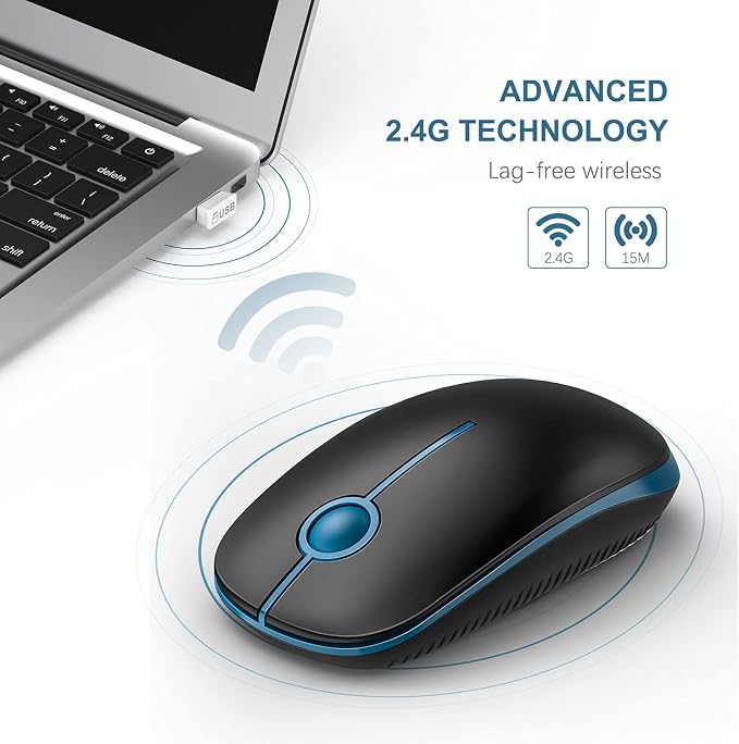 VssoPlor Wireless Mouse, 2.4G Computer Laptop Mouse, Black Sapphire Blue | Slim Portable Mouse, Plug & Play USB Nano Receiver, Quiet Silent Optical Mice for Notebook, PC, Laptop, Computer