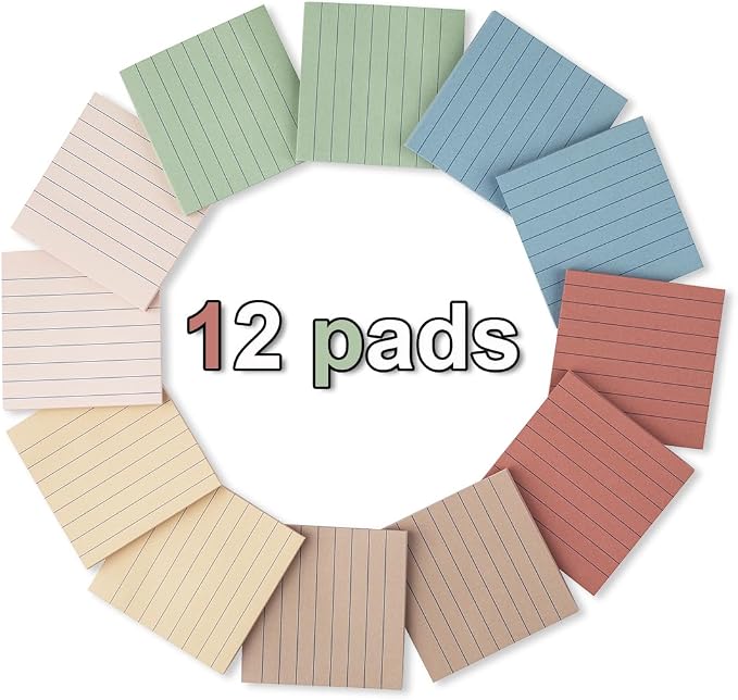 (12 Pack) Lined Sticky Notes 3x3 in,Vintage Notepads with Lines | Ruled Stickies,Super Sticking Power,Office School Memo Note Pads,Post on Windows Doors,Recyclable,Easy to Write on