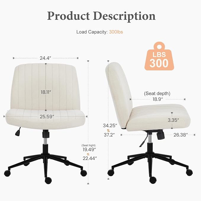 OLIXIS Criss Cross Office Chair, Vanity Chair, Home Office Desk | Wide Seat, Height Adjustable, Comfy Fabric, Armless No Wheels, Bedroom, Study Room, Beige