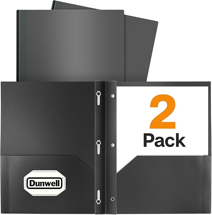 Dunwell Plastic 2-Pocket Folders with 3 Prongs, Black, 2 Pack, Poly | Durable Acid-Free Poly with Fasteners, Long-Term School & Office Use, Includes Labels