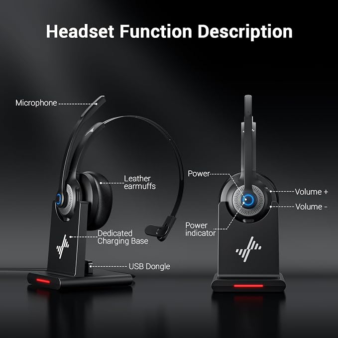Bluetooth Wireless Headset with Mic for Work, Bluetooth 5.2, Advanced Noise Reduction Microphone, Clear Calls - Comfortable On-Ear Headphones, Applicable to PC, Laptop, Phone, Android, Zoom, Office