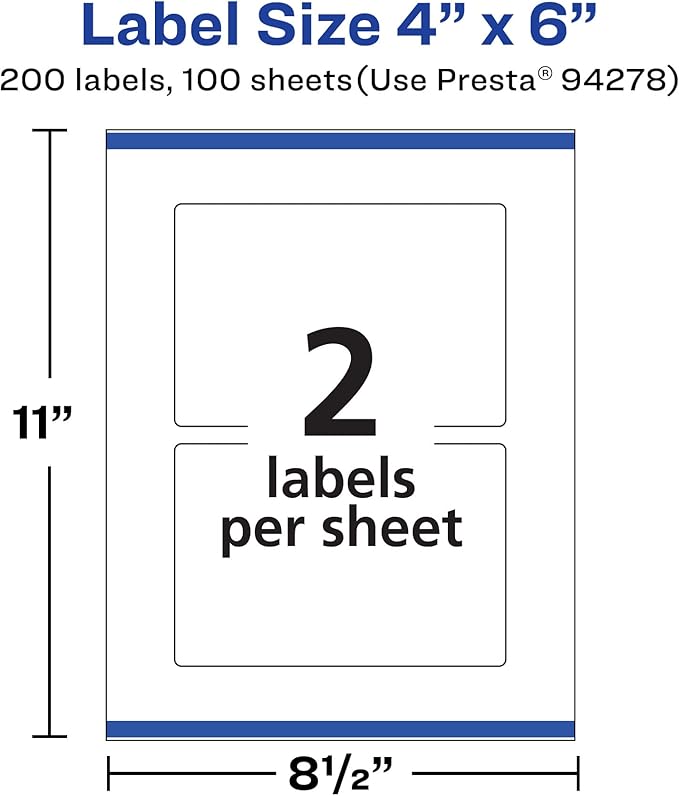 Avery Matte White Rectangle Labels, Sure Feed Technology, 4" x 6", 200 White Labels, Print-to-The-Edge, Permanent Adhesive, Laser/Inkjet Printable
