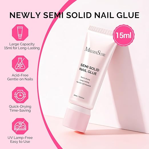MelodySusie Super Strong Nail Glue Semi Solid Glue Press On Nails, 2PCS | Quick Drying, No UV Lamp Needed, Long Lasting, Nail Glues DIY Home Salon Manicure