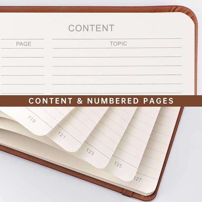 AHGXG Lined Journal Notebook, 192 Numbered Pages, A5 Size (5.7'' x 8.3'') | for Men & Women, Journaling, Writing, Work & Office, Leather Hardcover, 100 GSM Thick Paper (Brown)