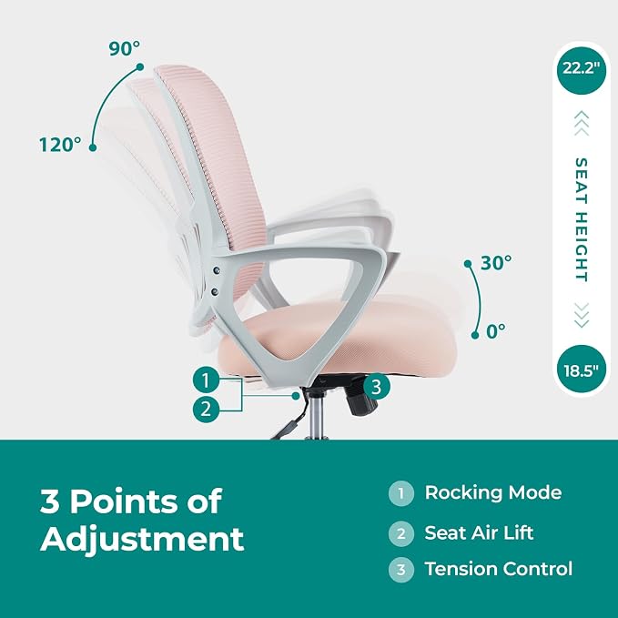 OLIXIS Home Office Chair, Mesh Desk Chair, Ergonomic Lumbar Support | Mid Back Computer Ergonomic, Height Adjustable Swivel Task, Large Seat Armrest, Adults, Pink