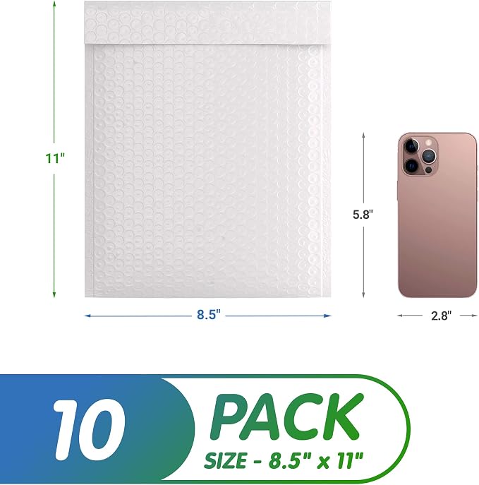 Poly Bubble Mailers, 8.5 x 11 Inch White Padded Mailers, Self Seal Shipping Envelopes, Lightweight Poly Mailer Bags, Waterproof Mailing Bags, Pack of 10