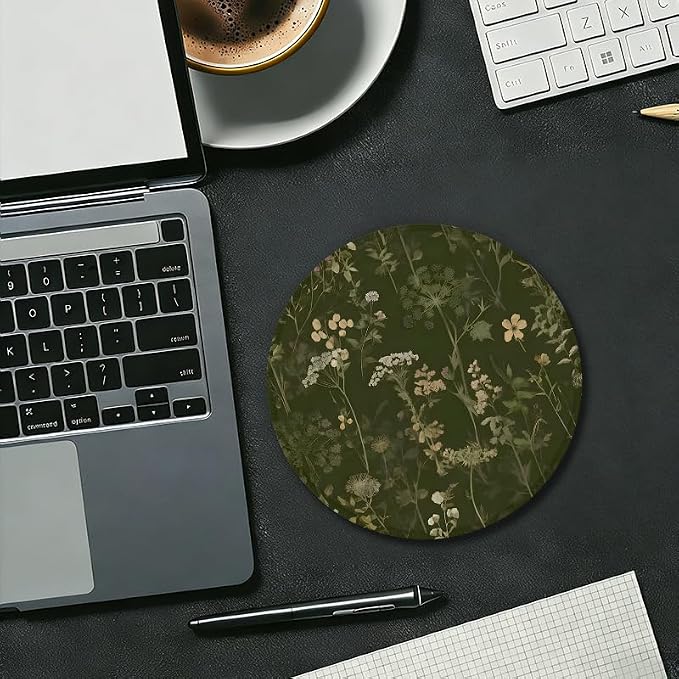 Dark Green Plant Round Mouse Pad, Rustic Spring Cottagecore Meadow Wildflower Botanical Mousepad Mat for Home Office Computer Laptop Desk Accessories 7.9x7.9 in