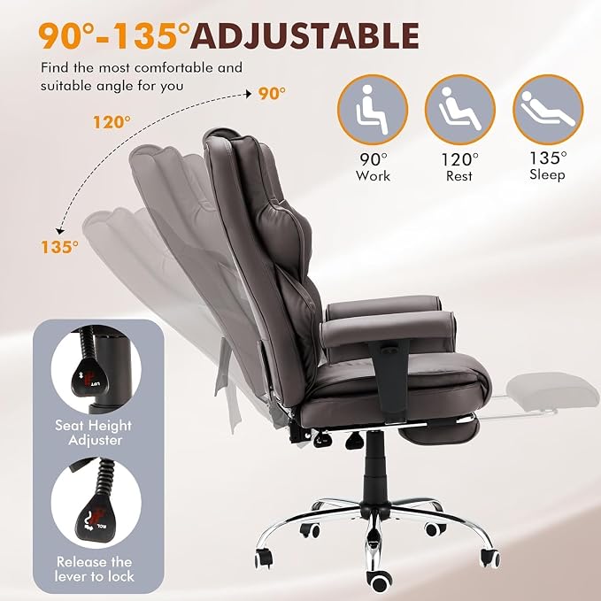 6-Point Massage Executive Chair,Heat Office Chair,Ergonomic Home Office Desk Chairs with Retractable Footrest and Reclining Function,Leather Computer Chair with Adjustable Armrest(‌Brown)