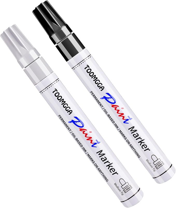 TOOMGGA 2 White and Black Permanent Markers Paint Pens, Oil Based Medium | Marking Pens, Quick Drying, Waterproof, Fade-resistant, for Rock Painting, Car Tyre, Metal, Plastic, Canvas, Mugs, Wood