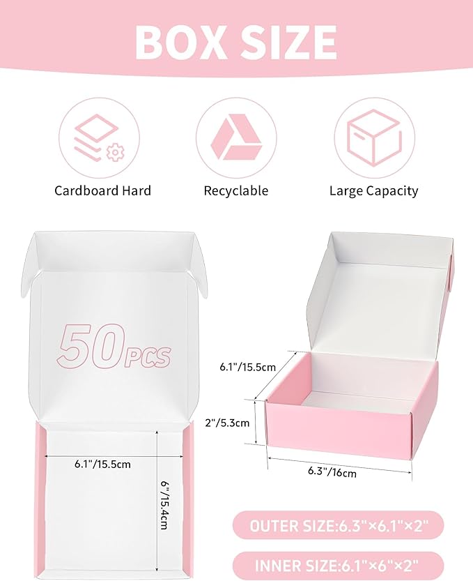 6x6x2 Pink Shipping Boxes for Small Business, Pack of 50 Small Cardboard Boxes for Shipping Mailer Packaging