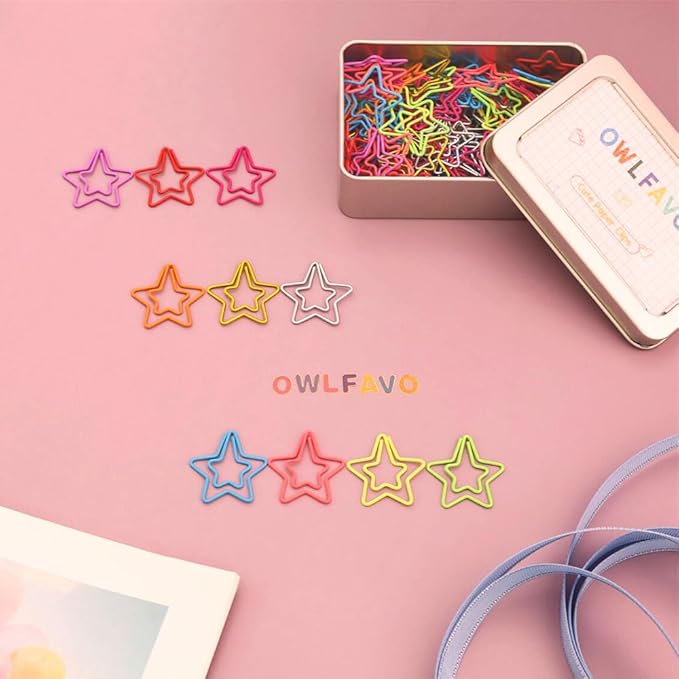 OWLFAVO 100pcs Star Shape Paper Clips with Clear Box, 10 Colors, Funny Cute Paperclips Bookmarks Planner Clips for Fun Office Supplies School Gifts Wedding Decoration
