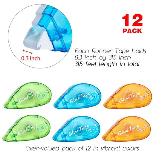 XUXU 12 Pack Double Sided Tape Roller Scrapbook Tape | Permanent Adhesive Tape Dispenser Runner for Crafts and Arts Projects Photo-Safe